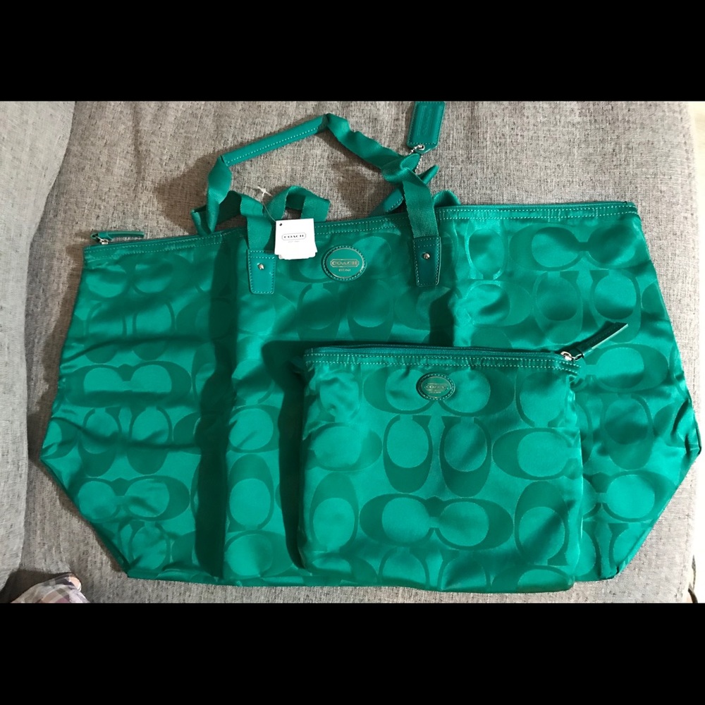 Beautiful Jade Coach tote with travel bag.